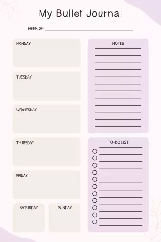 Weekly bullet journal with daily sections Monday through Sunday, to-do list, and notes area in pink
